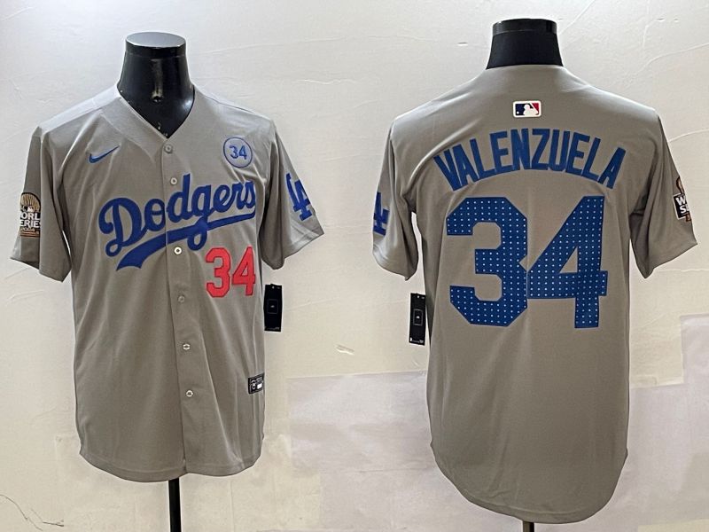 Men Los Angeles Dodgers 34 Valenzuela Grey Blue Fashion Game 2025 Nike MLB Jersey style 326
